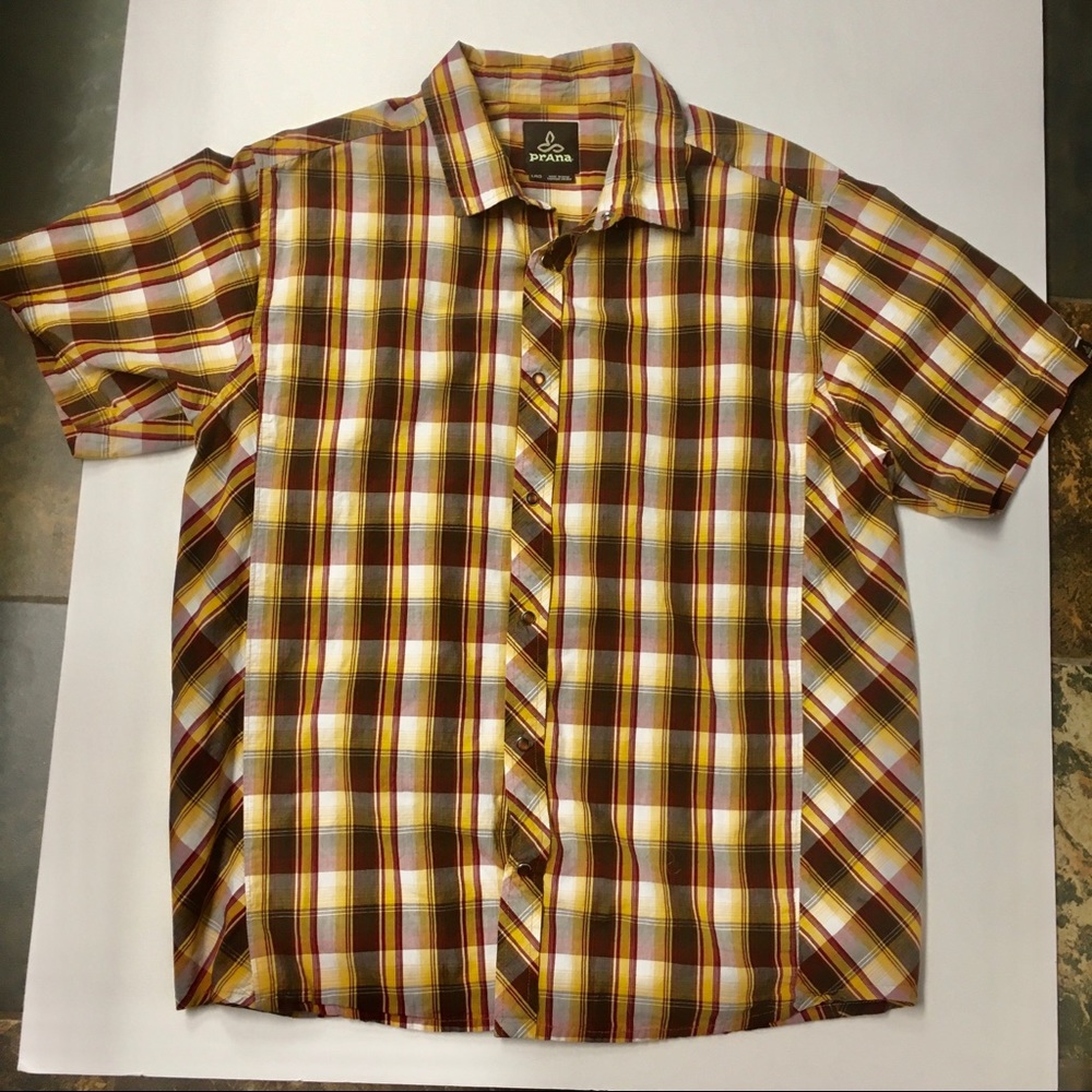 PrAna Shirt, button-up, Brown and Yellow plaid, L